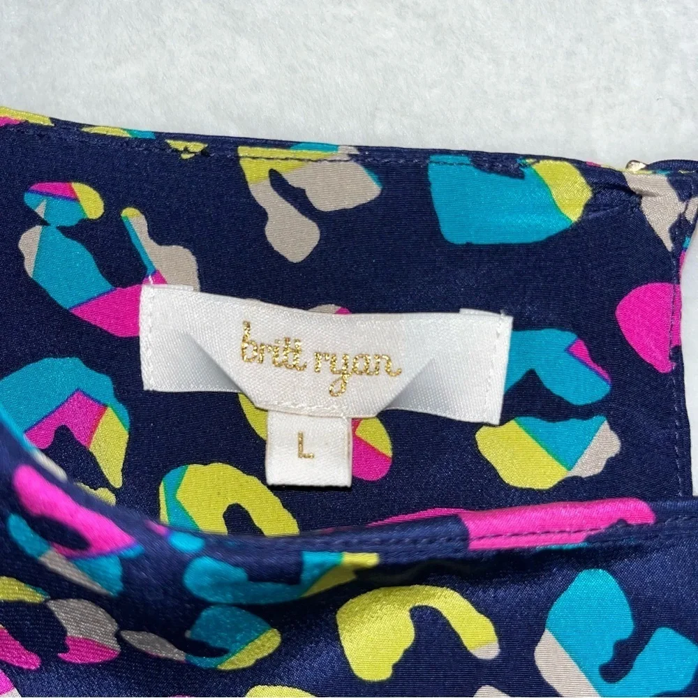 Britt Ryan 100% Silk Dress Large Navy Multicolor 3/4‎ Sleeve Made In USA